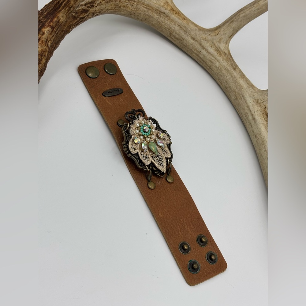 Faux Leather Brown Cuff Bracelet with Gemstone Accents and AB Crystals - Picture 5 of 8